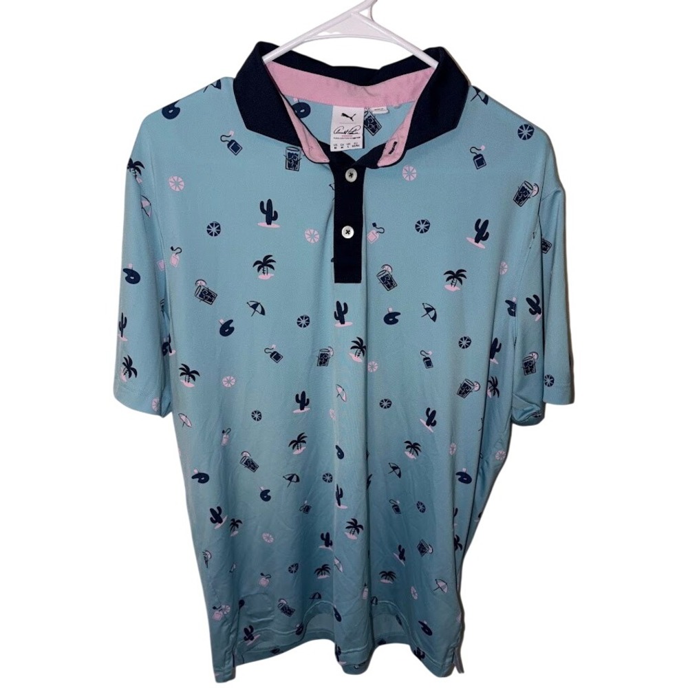 Puma Arnold Palmer Golf Polo Shirt Mens Medium Blue Palm Tree Cactus Print